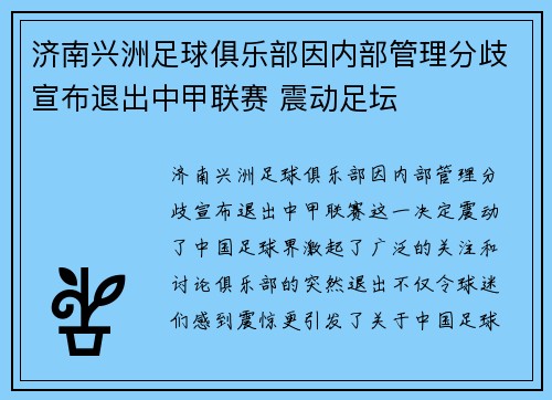 济南兴洲足球俱乐部因内部管理分歧宣布退出中甲联赛 震动足坛